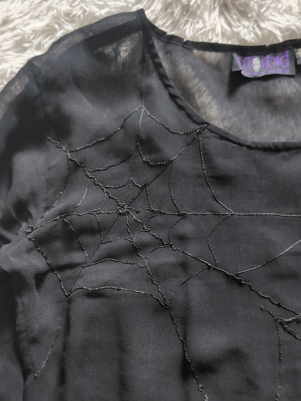 90s Morbid Threads Spiderweb Embroidery Sheer Vintage Hot Topic Black Top Large - Picture 4 of 12